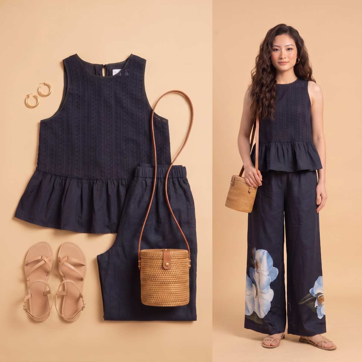 Áo Ren Peplum Khoét Lưng — flat lay phối đồ