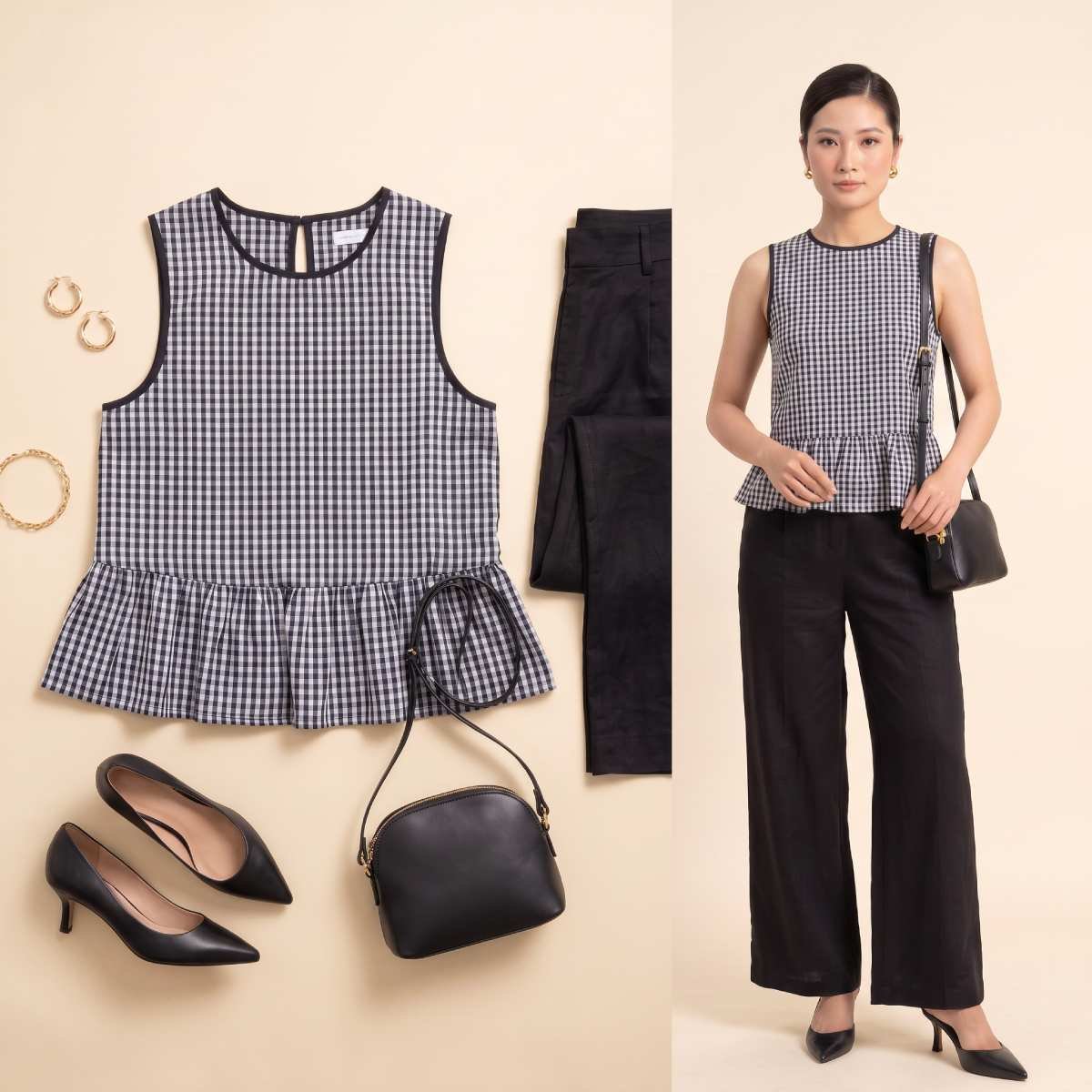 Áo Caro Peplum Vạt Tròn Sau — flat lay phối đồ